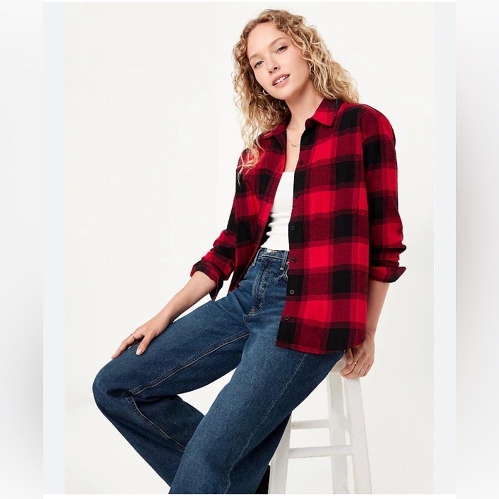 Old Navy Plaid Flannel Boyfriend Button Down Red Buffalo Check size XXL